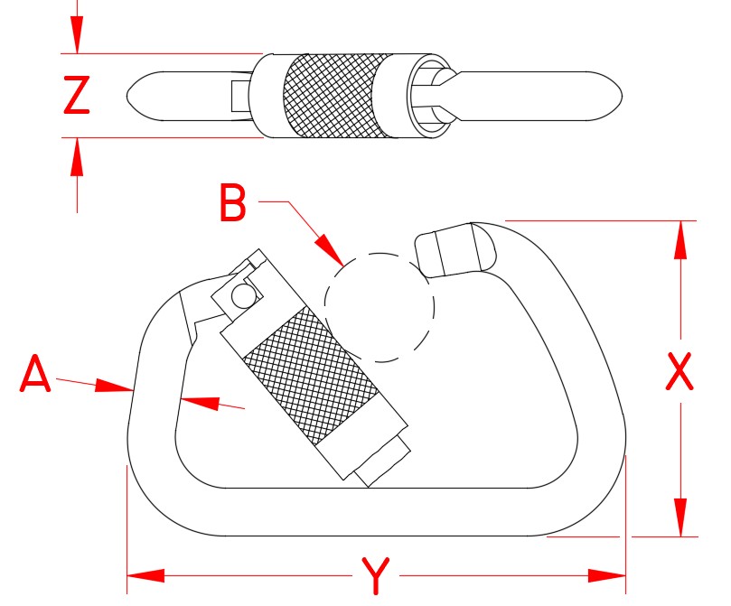 Extra Large Auto Lock Harness Clip, Grade 316 Stainless Steel, Aluminum or Black Coated Carbon Steel, A0147-0013, S0147-0013, Z0147-0013, Line Drawing